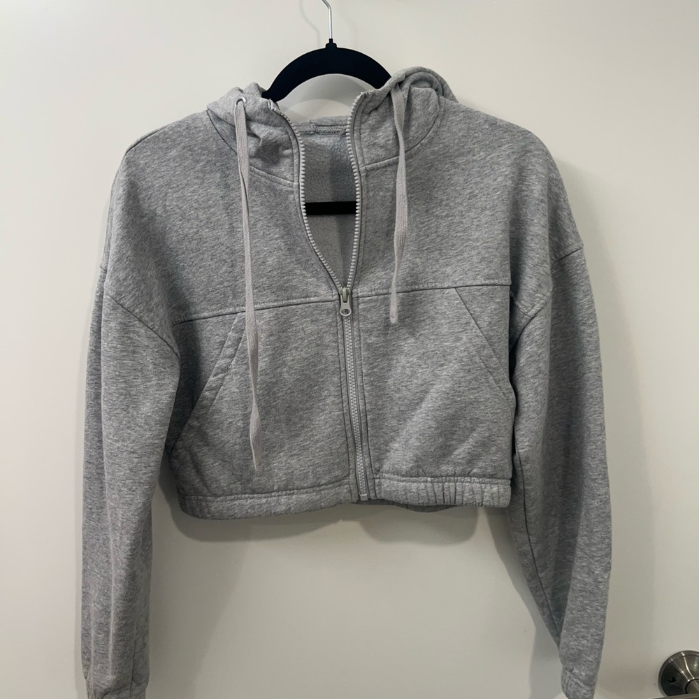 Gray Cropped Zip-Up Hoodie